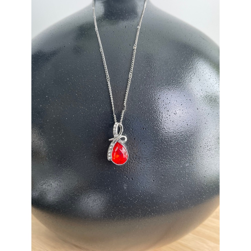 00417 - Faux Red Tear Drop‎ Crystal Pendant Necklace Silver Costume Jewelry